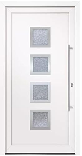 HORI Haustür Komplettset I Eingangstür aus Kunststoff mit 2-fach ISO Wärmeschutzglas I Stoßgriffset inkl. Edelstahlgriff & 5-fach Pilzkopf-Verriegelung - Farbe: weiß - DIN rechts - Modell: Square -