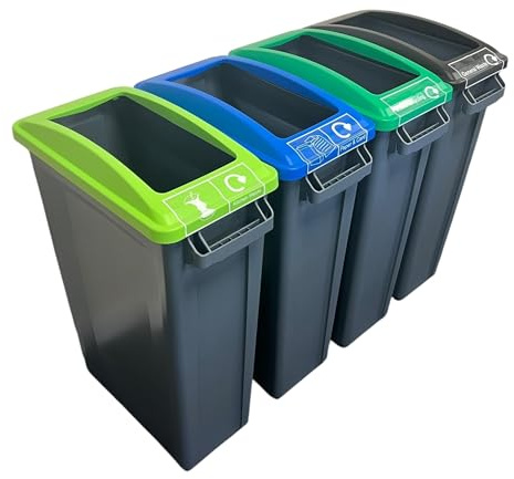Chabrias Ltd 4 Set 87L Slim Recycling Bin Set with Open Lids + Logo - Colour Coded Waste Separation Recycling Station for Home, Office & Kitchen - Narrow Space-Saving Recycling Bins with Vent Channels