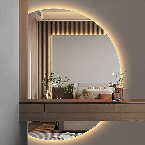 Lsoiup Specchio da bagno moderno a parete a mezzaluna LED - oscurante, antiappannamento, interruttore touch - luce a 3 colori - ideale per soggiorno
