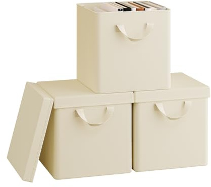 WOLTU Faltbare Aufbewahrungsboxen 3 Stück,mit Deckel,Creme, 27x27x27cm | Stoffboxen，Metallrahmen，Aufbewahrungswürfel für Wohnzimmer, Schlafzimmer, Arbeitszimmer, Mehrzweck,