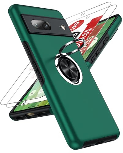 LeYi for Google Pixel 7 Phone Case with 2 Tempered Screen Protector Green | Invisible Metal Ring Stand Holder Shockproof Protective Mobile Cover for Googlepixel 7 5G - Green