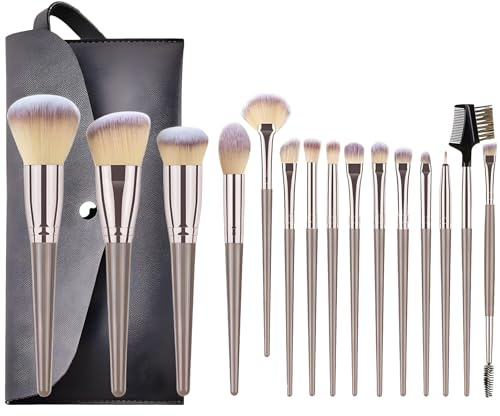Makeup Brushes, 15Pcs Professional Makeup Brush Set with PU Leather Cosmetic Bag, All in One Kit Face Powder Blusher Eyeshadow Eye Brow Contour Blending Make Up Brush, Champagne Gold