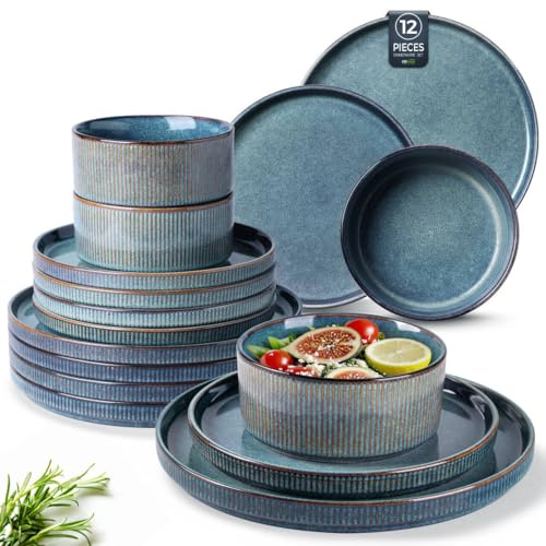 GBhome Stoneware Dinner Sets for 4 People, 12 Pieces Reactive Glaze Handcrafted Plates and Bowls Set, Scratch Resistant Dinnerware Set, Dishwasher & Microwave Safe Crockery Set, Space Blue