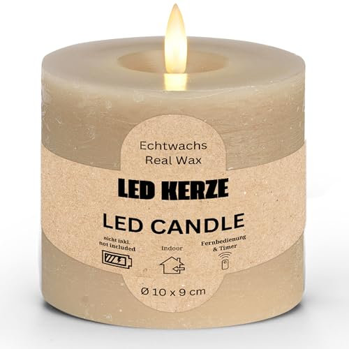 LED Stumpenkerze aus Echtwachs mit Timerfunktion & Fernbedienung - Kerze realistisch flackernde Flamme warmweiß Ø 10 x 9 cm - Elektrische Wachskerze in beige als gemütliche Tischdeko