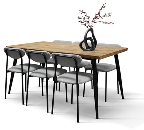PAZZO DESIGN Set Da Pranzo Gioia Con Tavolo E 6 Sedie, Rovere Rustico, Gambe Nere, Tavolo Da Cucina, Sala Da Pranzo, Sedie Grigie, Sedie Cucina 160 x 78 x 75 cm - id_2205