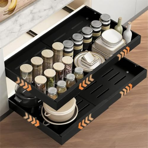 HumiLuft 2PCS Pull Out Cabinet Organiser, 32-52cm Extendable Slide Out Kitchen Drawer Adhesive,Upgrade 3-Rails Slide Drawers Storage Shelves with Rail System for Kitchen Base Cabinet Organization