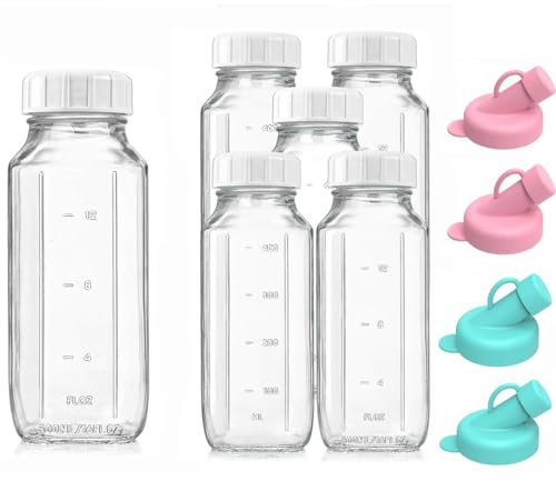 2-pack Glasflaskor 1 L med Måttmarkeringar – Lufttäta Glasflaskor med Lock och Silikonhällpip – Återanvändbara för Mjölk, Juice och Drycker (6Set-500ML)
