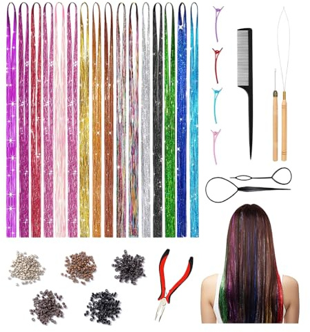 GIDWRIY 16PCS Hair Tinsel,Fili Colorati per Capelli Tinsel con Strumento,Ciocche Glitterate Capelli,Extension Capelli Glitter,Ciocche Colorate per Capelli per Trecce,Bling Dritto Festa Orpello Capelli