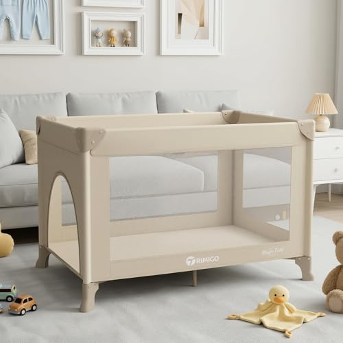 Trimigo Portable Travel Crib & Playpen - Baby Safe Folding Travel Bed w/Mattress, Breathable Mesh | Compact Lightweight Baby Bed | Pack and Play for Babies & Toddlers (Khaki)