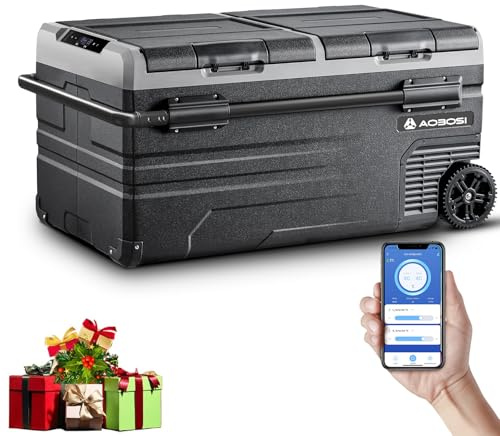 AAOBOSI 95L Kompressor Kühlbox, Dual Zone, Kühlbox Kompressor mit APP | 12/24V und 100-240V, MAX & ECO Modus, USB-Handy-Ladung, -20°C bis 20°C, LED-Beleuchtung, für Auto, Boot, Camping und Reisen