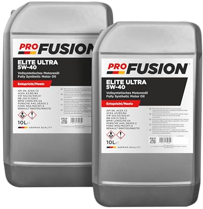 ProFusion 5W-40 20L (Pack de 2 x 10L) Elite Ultra – Aceite de Motor Sintético Gasolina y Diésel con DPF – Protección Total, Arranque en Frío y Limpieza Eficiente – API SN, ACEA C3, VW 502.00/505.01