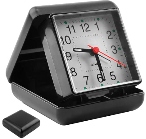 Quartz Travel Alarm Clock Folding Design – Compact Battery Operated Clock with Clear Arabic Numbers – Lightweight Portable Alarm Clock for Bedside, Desk or Travel – Black