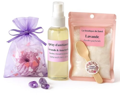 Coffret sommeil -spray d'ambiance lavande huile essentielle, pierre minérale améthyste, poudre parfumée lavande, carte rituel, fondant parfumé. -coffret cadeau LA BOUTIQUE DE SAND