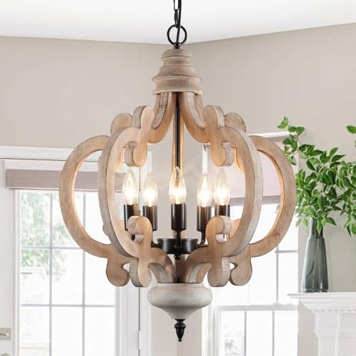 JHLBYL Kronleuchter Vintage 5 Flammig Pendelleuchte Holz mit E14 Fassung Hängeleuchte Esstisch Landhausstil Deckenlampe Schlafzimmer Hängend
