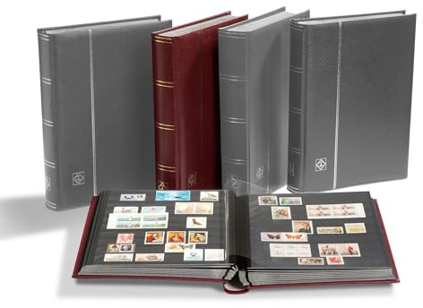 LIGHTHOUSE – “PREMIUM” Bonded Leather Cover Stockbook for Stamps - 64 Black Cardstock A4 Pages with Clear Strips and Double Linen Hinges - Red
