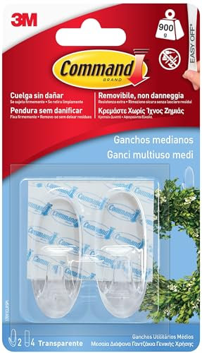 Command Ganci Medi Trasparenti Adesivi, 2 Ganci e 4 Strisce - Accessori Salvaspazio senza Forare il muro, Tenuta: 900g