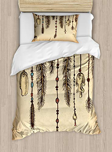 Ambesonne Tribal Duvet Cover Set, Bohemian Hair Accessories with Bird Feathers Beads on String Sketch Digital Print, Decorative 2 Piece Bedding Set with 1 Pillow Sham, Twin Size, Camel Brown