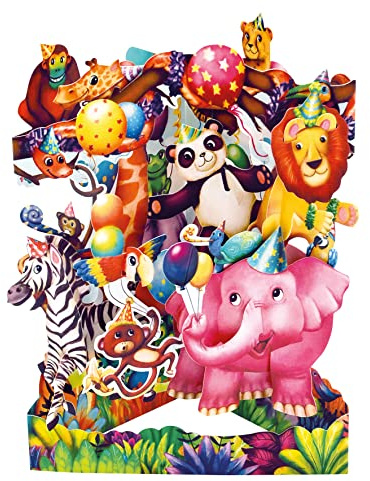 Santoro Swing-Karte, 3D-Pop-Up-Grußkarte – Tierparty – für Mädchen, für Jungen, für Kinder, Geburtstag (braun, beige, gelb, grau, rot)