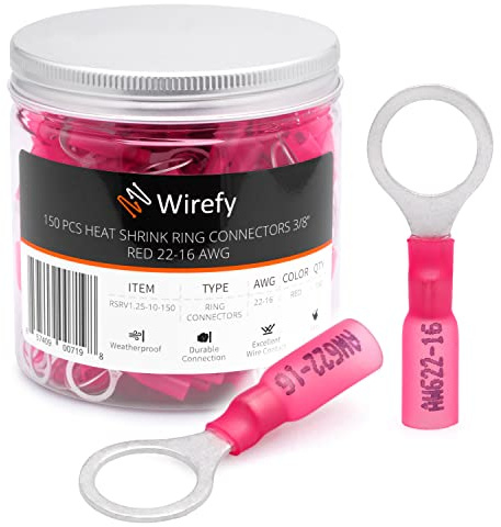 Wirefy 150 PZ Connettori Occhiello M10 - Kit Terminali Anello Termoretraibili - Capicorda Elettrici Crimpare - Rosso 0,34-1,5 mm²
