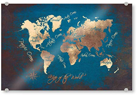 artboxONE Acrylglasbild 60x40 cm Typografie World map 66 Blue Bild hinter Acrylglas - Bild Weltkarte Weltkarte