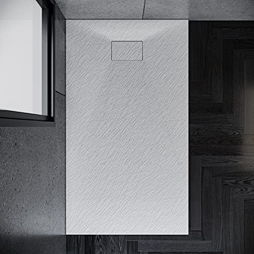 SONNI Duschwanne, Weiß, 140x80 cm, 32 mm Flach, SMC, Schieferoptik | Weißes Duschwanne, Rutschfeste Struktur, Schieferoptik, Superflach, Alle Größen verfügbar, Inklusive Siphon