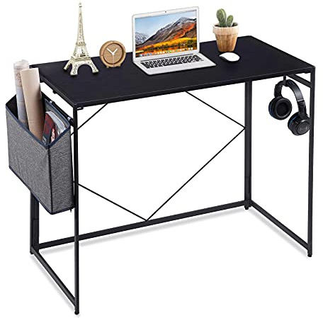 APUWE Desk, Folding Computer Desk with Storage Bag, Folding Desk Gaming Office Desk with Headphone Hook, 39.3 PC Table Work Station for Home Office - No Assembly - Black
