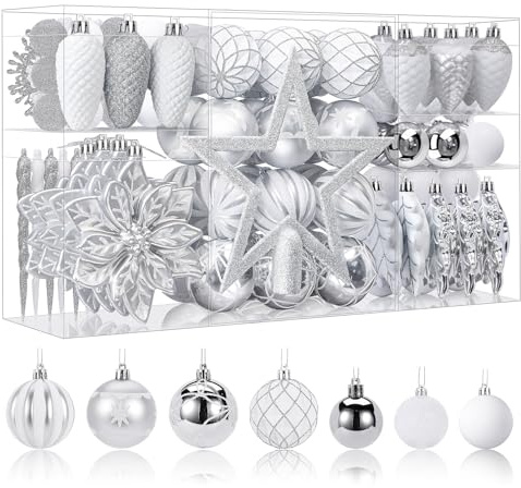 SHareconn Weihnachtskugeln Weihnachtsdeko Set Weiß Und Silber 106 STK in 14 Farben, Bruchsichere Weihnachtsschmuck Bälle Dekoration für Weihnachtsbaum,Tolle Dekorationen für Weihnachtsfeier Hochzeit