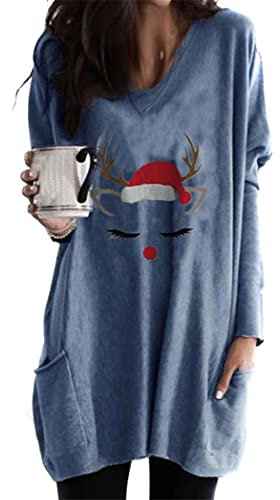 OMZIN Frauen Frohe Weihnachten Sweatshirt Langarm Plaid Leopard Xmas Tees Santa Hat Graphic Raglan Baseball Tops Bluse Mittelblau M