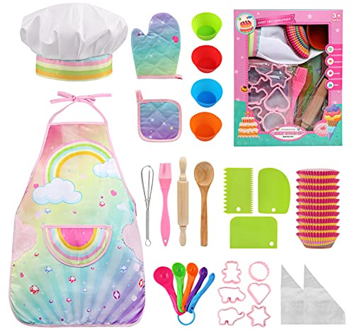 LEADSTAR Kinder Backset, Kochschürze Mädchen Kinderschürze Chef Set, Küchenspielzeug Kochen Geschirr Spielen Rollenspiele Küche Spielzeug Geschenk Mit Kochmütze, 38 Stück