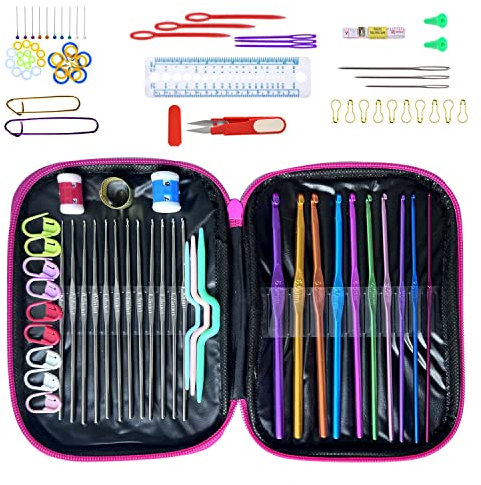 Homearda Häkelnadel Set mit 100 pcs Stricknadeln Zubehöre und Tasche in verschiedenen Größen, Bunt ,Ergonomische Häkeln Stricken Nadeln ergonomischen Griff für extremen Komfort