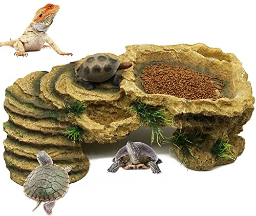 BREUAILY Schildkröten-Plattform Groß Harz Reptilien Rampe Schildkröte Reptilien Simuliert Rock Habitat mit Terrassen und Unterschlupf für Bartdrachen Eidechsen Fische Amphibien | Groß Harz Rock Habitat mit Terrassen und Unterschlupf für Bartdrachen Eidechsen Fische Amphibien