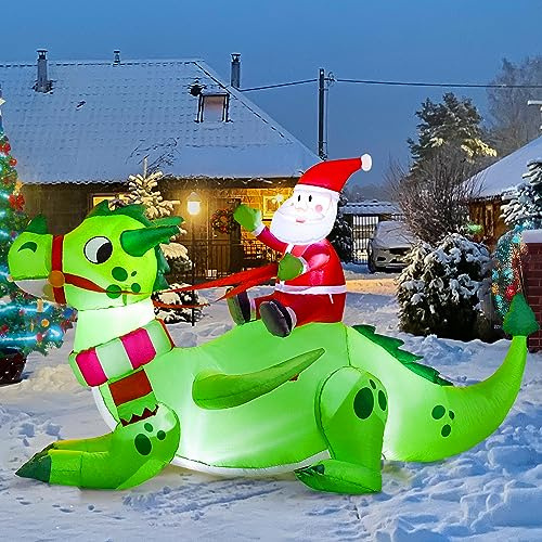 Joiedomi 6 FT Christmas Inflatable Dinosaur with Build-in LEDs, Blow Up Dinosaur with Santa for Christmas Inflatable Outdoor Decoration Xmas Party Decoration (Reiten auf dem grünen Drachen)