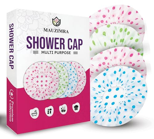 4 Pack Shower Caps for Women/Men, Light Weight Plastic Shower Caps for Women UK 30cm Width with Premium Quality Elastic, Perfect for Use at Home, and Spa by MAUZIMRA