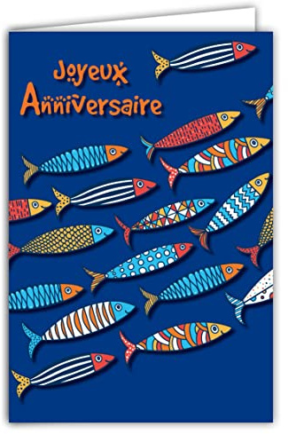 AFIE 69 – 8025 Karte zum Geburtstag, Motiv: bunte Fische, Sardinen, blaues Meer, mit Umschlag, Format 12 x 17,5 cm, Papier 300 g aus nachhaltigen Wäldern, glänzend, hergestellt in Frankreich