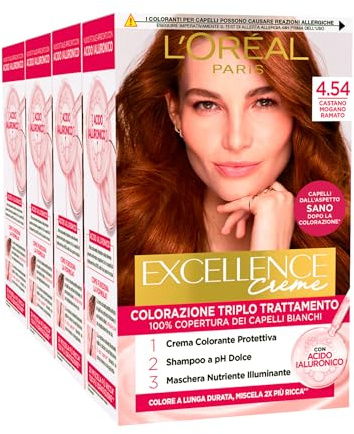 L'Oréal Paris - Tinte permanente Excellence Creme 4.54, castaño caoba y cobre, triple tratamiento de larga duración con ácido hialurónico, cubre el 100% del cabello blanco, 4 tintes