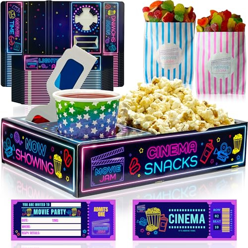 Moviejam Plateau Soirée Cinéma : 20 boîtes alimentaires en carton, 20 sacs à popcorn, accessoires pour salle de cinéma, boîtes jetables et assiettes de fête néon.