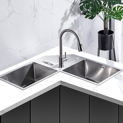 Fregadero de cocina de esquina, fregadero de plato grueso para el hogar, lavabo de acero inoxidable, lavabo doble Irregular adecuado para restaurante de cocina