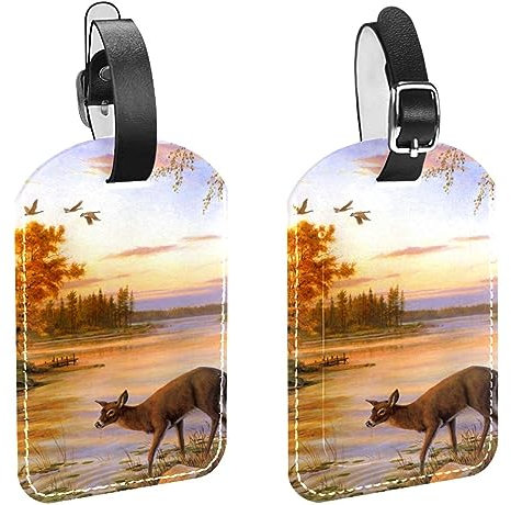 Lot de 2 étiquettes à bagages, cabane en rondins, cerf, oiseau volant en cuir PU, étiquettes de sac d'identification de voyage, étiquettes avec protection de confidentialité