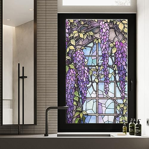Hodeffior Fensterfolie mit Blumenmuster, UV-blockierend, Wärmedämmung, violettes Muster, statische Fensterfolie, für Fenster-Glasdekorationen, 60 x 100 cm