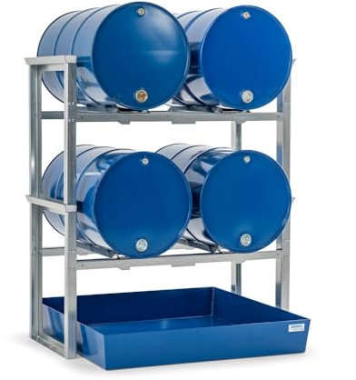 DENIOS Fassregal/Abfüllstation für 4 Fässer à 200 Liter, lackierte Auffangwanne, 1429 x 1210 x 1637 mm