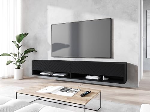 MINIO go for it - Meuble TV Lowboard 100x30x33cm, Portes et étagères | Panneau stratifié à niches ouvertes Pratique et Fonctionnel Graphite Noir / Motif en chevrons