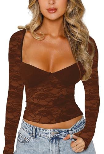 ZZLBUF Sexy Crop Floral Lace Sweatheart Neck Tops for Women Long Sleeve Slim Fitted Low Cut Shirt Y2k Going Out Streetwear (Dark Brown, S)