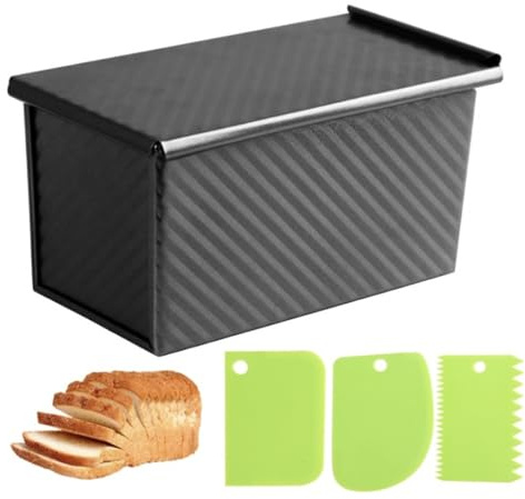 Spmarkt 1lb Bread Pan with Dough Scraper Cutter, 8.4 X4.8inch Black Bread Loaf Pan, Rectangular Covered Metal Pullman Loaf Pan with Lid for Homemade Sandwich Bread