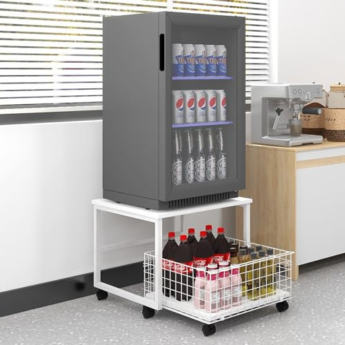 PUNCIA Supporto per Mini Frigo a 2 Livelli con Grande Capacità Carrello Mobile con Ruote Scaffale di Stoccaggio Tavolo Frigorifero Portatile con 4 Ruote Bloccabili Base per Frigo per Casa (Bianco)