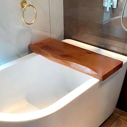 Qunine Badewannenablage Massivholz-Badewannen-Caddy-Tabletts, 5 cm Dickes Badewannen-Aufbewahrungsregal, 80/90/100 cm multifunktionales Badewannenbrett-Tablett, passend für die meisten Ba