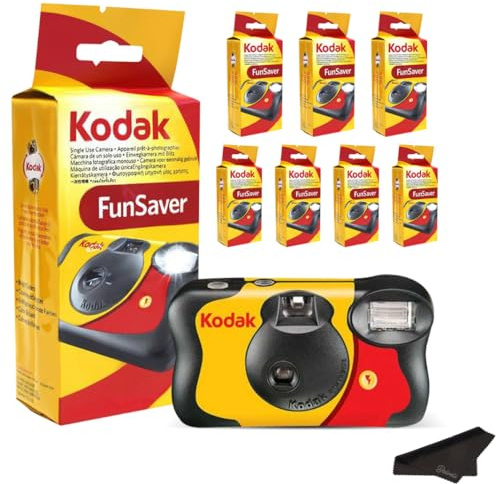 Kodak Funsaver Disposable Camera Bulk one time Single use 7-Pack 27exp 35mm Camera Bundled with Balveli Premium Microfiber Cloths - Bulk Kodak Disposable Film Camera 35mm