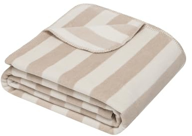Ibena Vigo Decke 150 x 200 cm - Baumwollmix, weich, warm & waschbar, Kuscheldecke gestreift beige