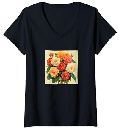 Donna Begonia Bouquet Floreale Colori Pastello Grafica Maglietta con Collo a V