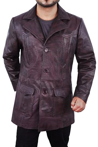 Fashion_First Chaqueta de piel de cordero auténtica suave para hombre, color marrón, chaqueta de cuero de longitud media 3/4 para hombre, Chaqueta Chris Evans marrón vintage, XL