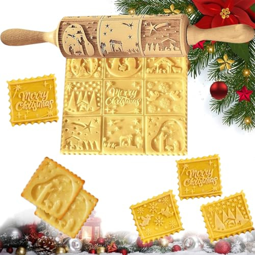 Teigroller Weihnachten - 35cm Nudelholz mit Muster Weihnachten aus Echtholz | Spekulatiuswalze Weihnachten für Perfekt Geprägte Plätzchen| Teigroller mit Prägung Weihnachten für die Familien-Backstube